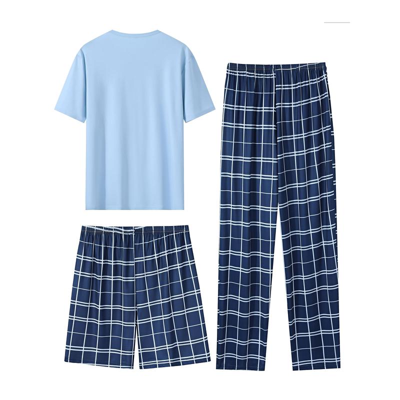 20243 Piece Set Men's Fashion Casual Pajamas Suit, Short Sleeve round Neck Top T-shirt and Plaid Loose Stretch Waist Pants and Shorts Homewear Dandy