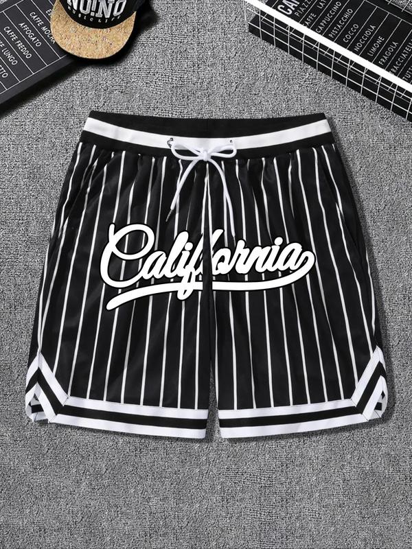 Men's Loose Striped Print Contrast Binding Drawstring Waist Shorts, New York City Famous Print Vertical Stripe Patchwork Shorts, Basketball Shorts, Summer Outfits 2024, Shorts for Men