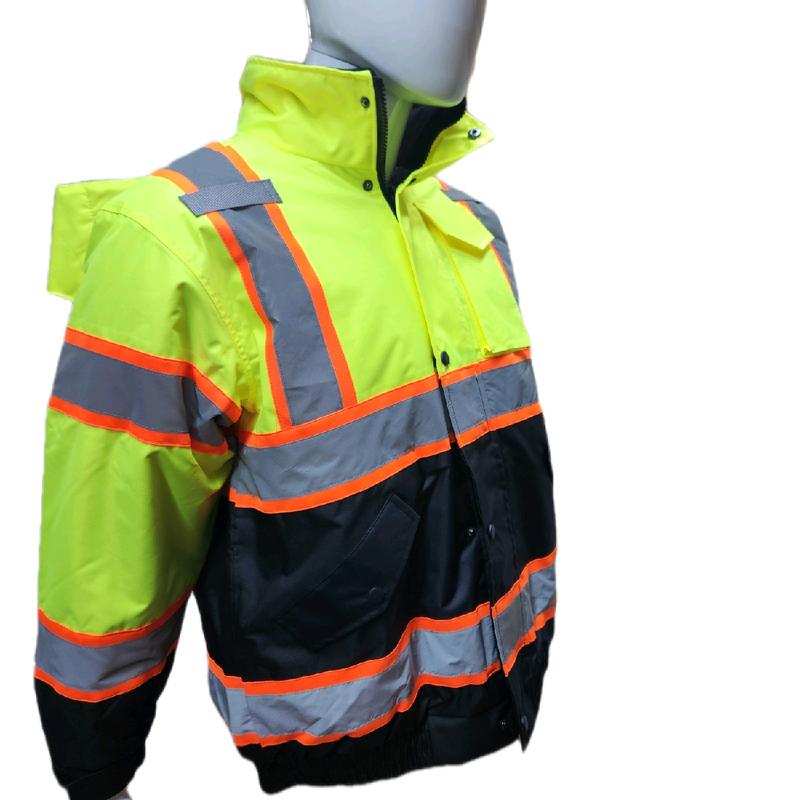 High Visibility Water Resistant Yellow Bomber Safety Jacket with Hoodie   Yellow Reflective Safety Sherpa Insulated Jacket