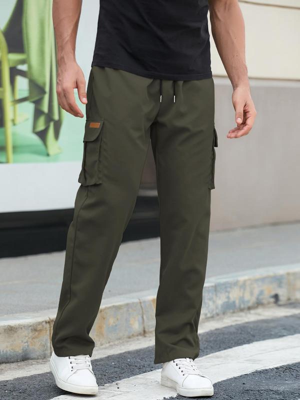 Men's Solid Pocket Drawstring Waist Cargo Pants, Street Fashion Casual Loose Fitting Trousers for Daily Wear, Men's Bottoms for All Seasons