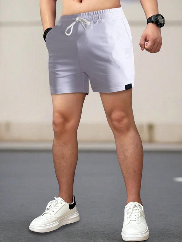 Men's Basic Regular Fit Solid Pocket Drawstring Shorts, Casual Streetwear Simple Patched Detail Elastic Waist Shorts for Summer, Fashion Men's Bottoms for Daily Wear, Menswear,  Volleyball Shorts