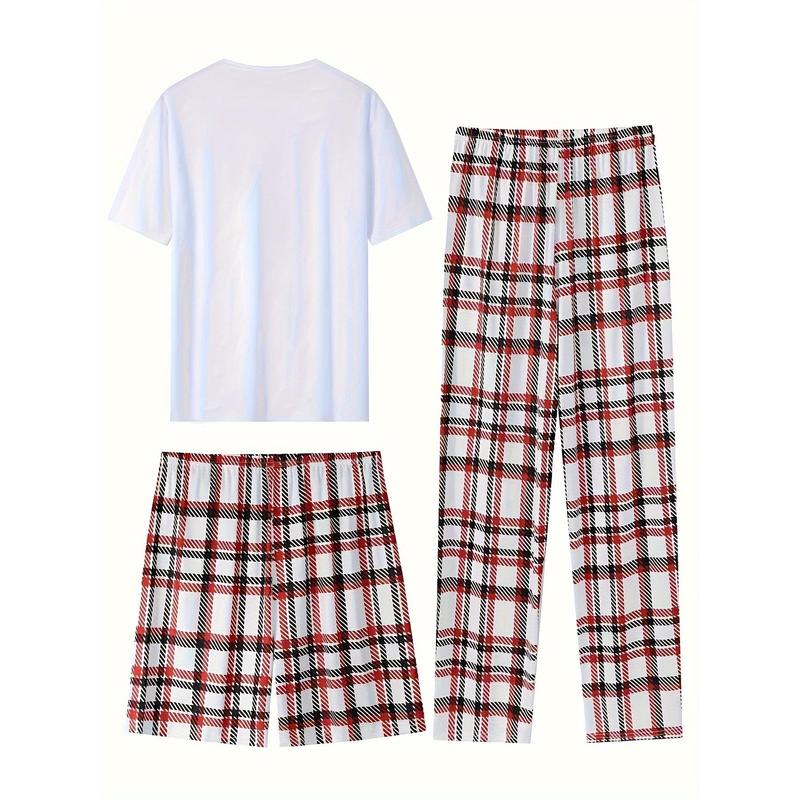 20243 Piece Set Men's Fashion Casual Pajamas Suit, Short Sleeve round Neck Top T-shirt and Plaid Loose Stretch Waist Pants and Shorts Homewear Dandy