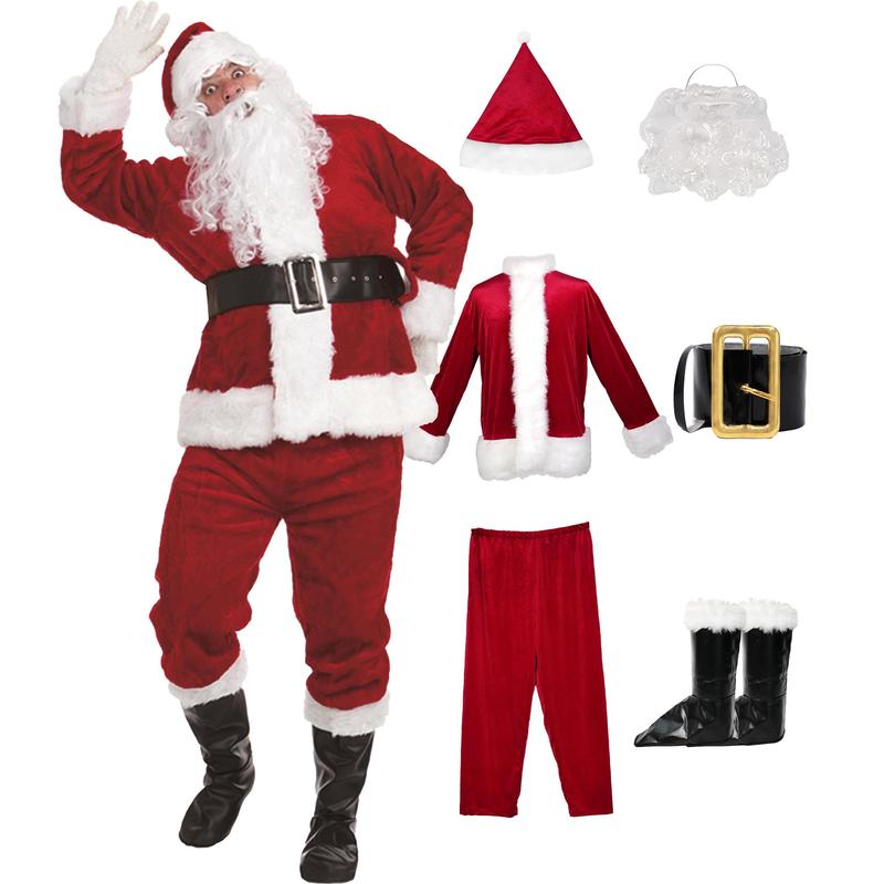 Santa Claus Costumes Santa Suit With Beards Hat Boots Christmas Santa Outfit Set for Men Adults for Party Xmas Holiday