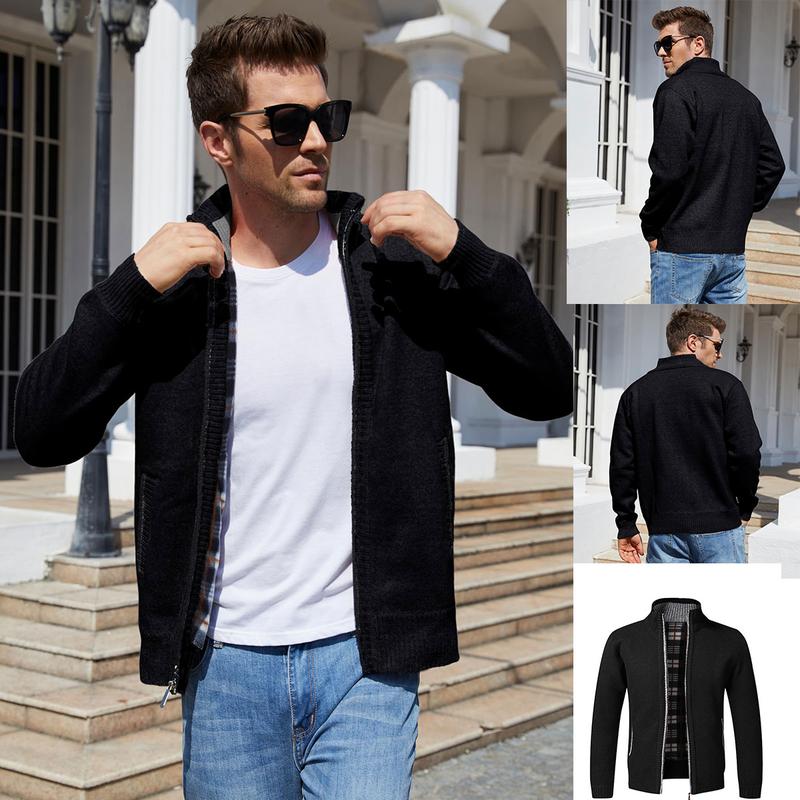 Kingapril Men's Shawl Collar Cardigans Slim Fit Button Cable Knit Black Sweater Pockets