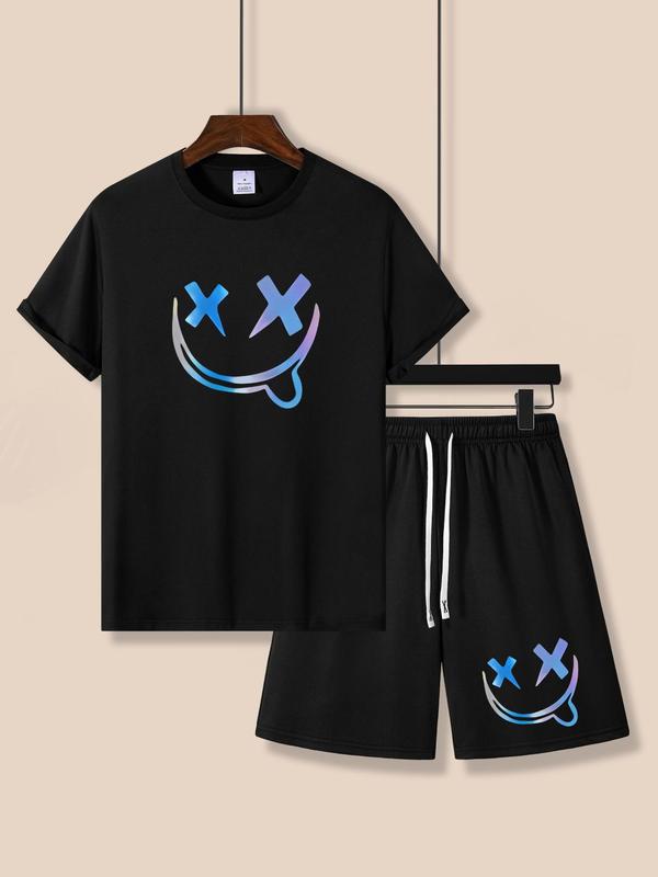 2 Counts Men's Regular Fit Graphic Crew Neck Tee & Drawstring Shorts Set, Casual Short Sleeve Round Neck T-shirt & Track Shorts, Breathable Comfortable Men's Summer Sets Outfits, Summer Clothes