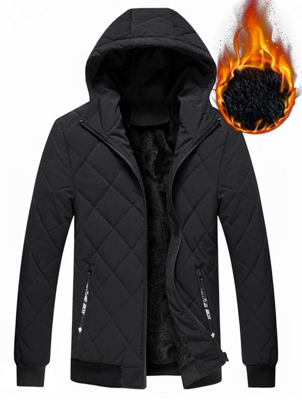 Men's Winter Jacket Pocket Zipper Hooded Quilted Jacket without Sweater & Necklace, Regular Fit Casual Long Sleeve Zip Front Outerwear for Fall & Winter, Men's Clothes for Daily Wear