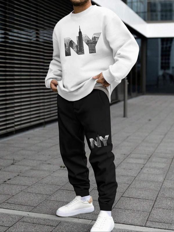 Two-piece Set Men's Landscape and Letter  Print Sweatshirt & Pocket Sweatpants, Regular Fit Casual Long Sleeve Round Neck Pullover & Elastic Waist Trousers, Men's Fall & Winter Clothes