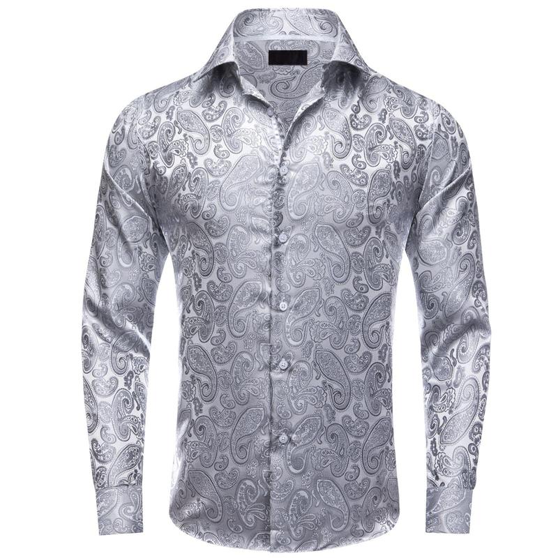 Mens Long Sleeve Grey Silver Shirts Jacquard Paisley Top Collar Casual Classic Menswear Elastic Polyester