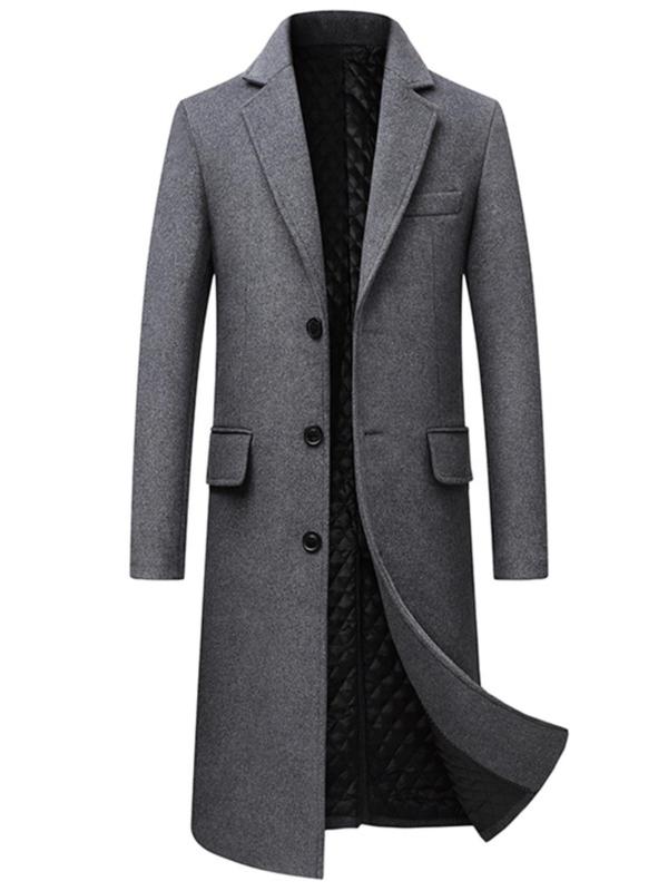 Men's Solid Color Button Front Lapel Long Coat, Regular Fit Casual Long Sleeve Pocket Outerwear for Fall & Winter, Men's Clothes for Daily Wear