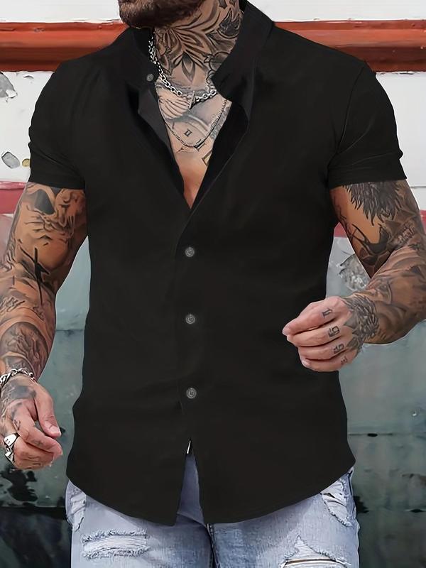 Men's Plain Button Front Shirt, Regular Fit Casual Mock Neck Short Sleeve Top for Summer, Streetwear, Men's Clothes for Daily Wear