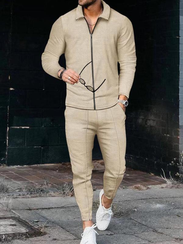 Men's Solid Zip Up Jacket & Pocket Pants Two-piece Set, Airport Outfits 2024, Regular Fit Casual Long Sleeve Collared Outerwear & Trousers for Spring & Fall, Men's Two-piece Outfits for Daily Wear, Fall Outfits, Fallfreshness, Fall Clothes 2024