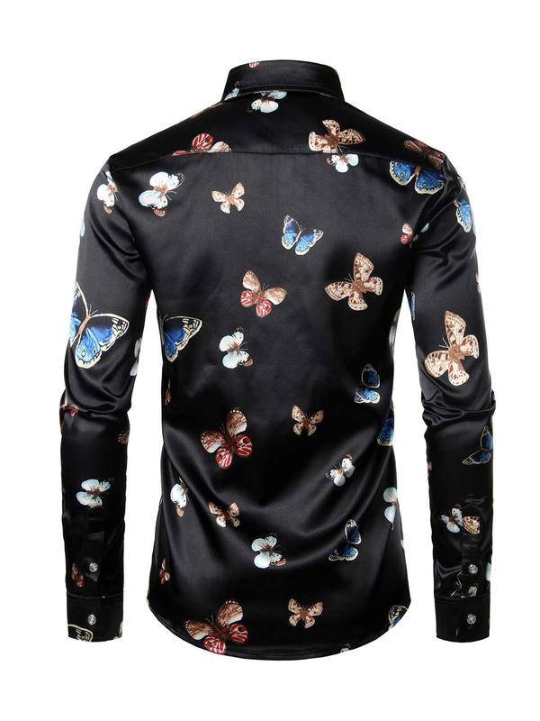 Men's Regular Fit Butterfly Print Button Front Shirt, Casual Long Sleeve Collar Top for Fall & Winter, Men's Clothes for Daily Formal Wear, Menswear, Shirts for Men