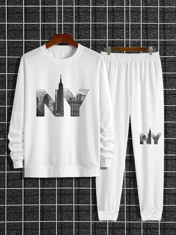 Two-piece Set Men's Landscape and Letter  Print Sweatshirt & Pocket Sweatpants, Regular Fit Casual Long Sleeve Round Neck Pullover & Elastic Waist Trousers, Men's Fall & Winter Clothes