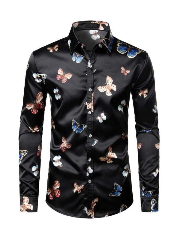 Men's Regular Fit Butterfly Print Button Front Shirt, Casual Long Sleeve Collar Top for Fall & Winter, Men's Clothes for Daily Formal Wear, Menswear, Shirts for Men