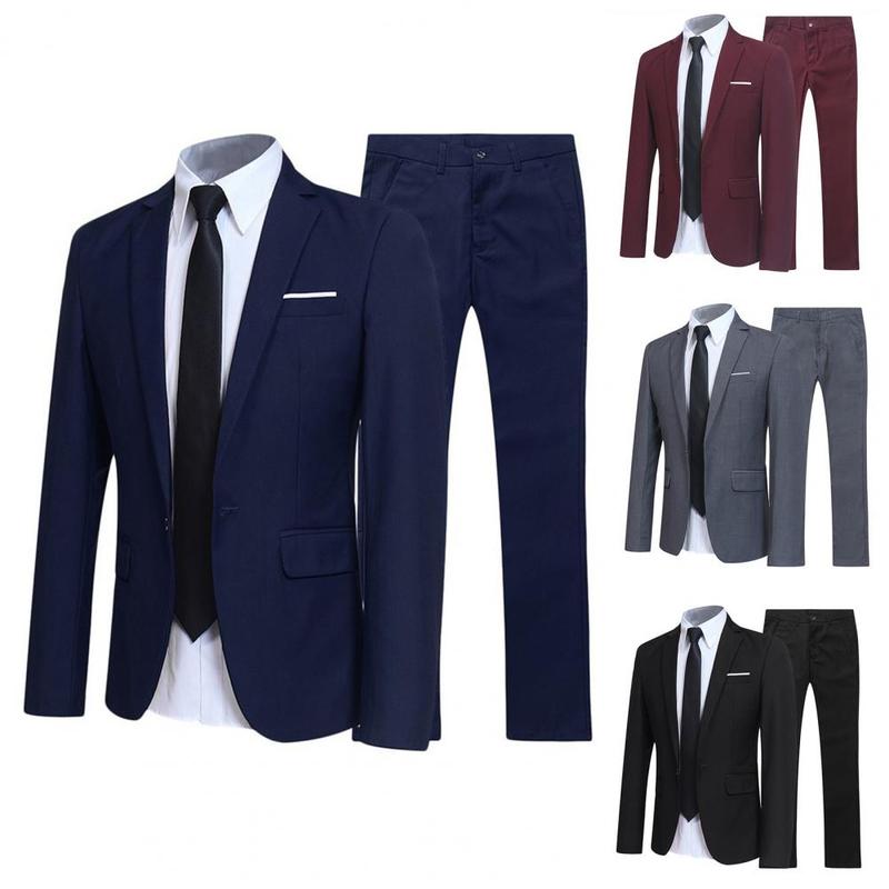 Men Suit Set Turndown Collar Lapel Pockets Buttons Groom Suit Set Solid Color Blazer Suit Pants Two Pieces Set Stylish Men Sets