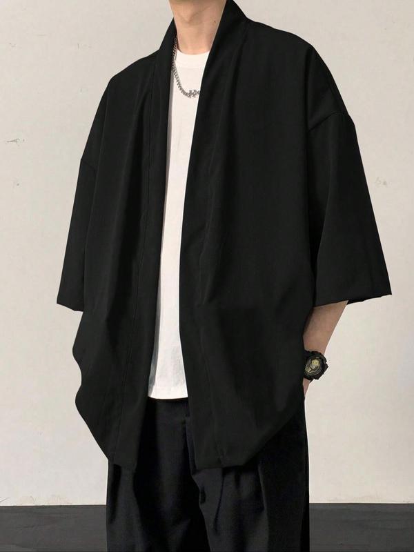 Men's Solid Color Half Sleeve Open Front Jacket, 2024 New Style Regular Fit Casual Comfy Kimono Outerwear for Daily Wear, Men's Clothing for All Seasons