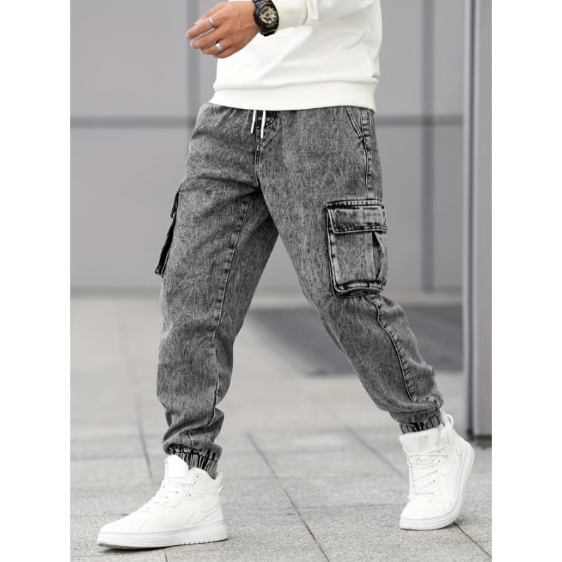 Men's Loose Fit Cargo Jeans - Comfy, Versatile, Drawstring Waist, Stylish Denim Pants for Four Seasons Wear