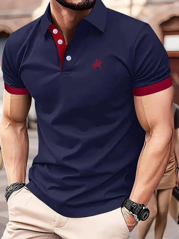 Men's Regular Fit Contrast Binding Short Sleeve Polo Shirt, Casual Button Front Collared Top for Summer, Fashion Men's Clothes for Daily Wear