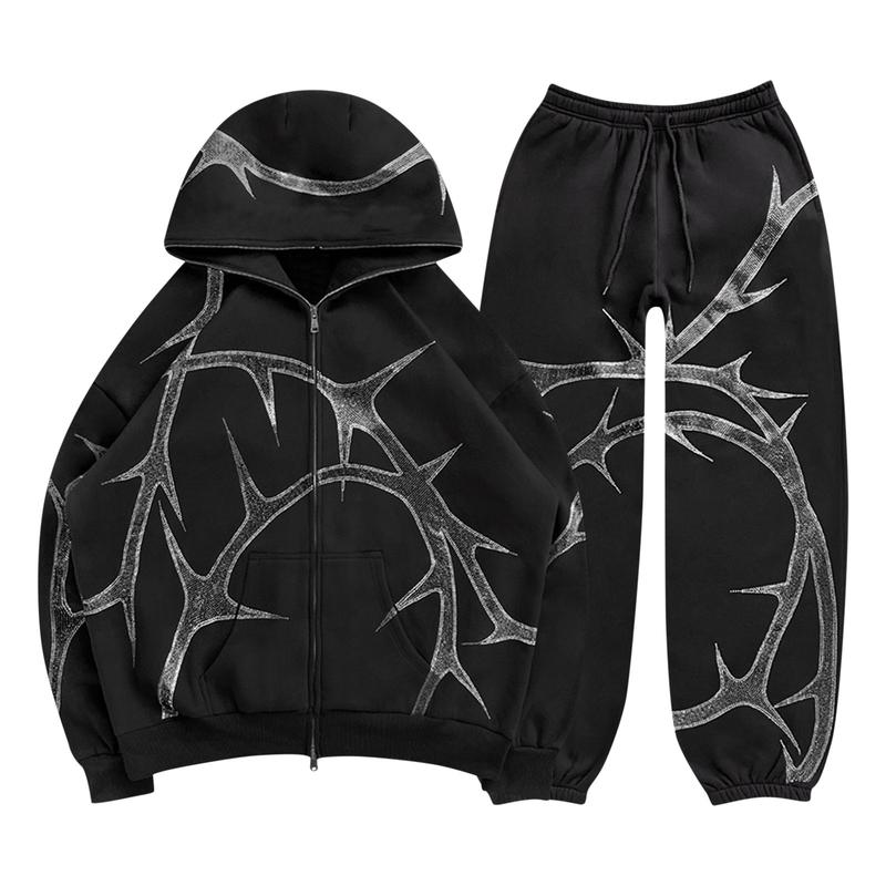 American New Men Women Street Hoodie Hot Drilling Fleece Long-Sleeve Zipper Hoodie Long Pants Sweatshirt Suit Leisure Sports 2 Piece Set