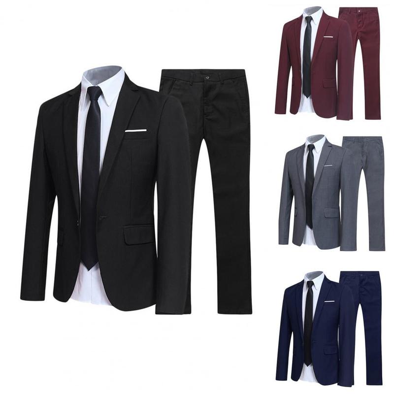 Men Suit Set Turndown Collar Lapel Pockets Buttons Groom Suit Set Solid Color Blazer Suit Pants Two Pieces Set Stylish Men Sets