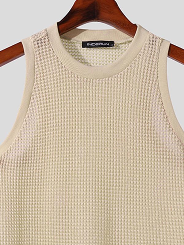 Men's Plain Regular Fit Textured Round Neck Tank Top, Casual Sleeveless Top for Daily Wear, Streetwear Menswear for All Seasons