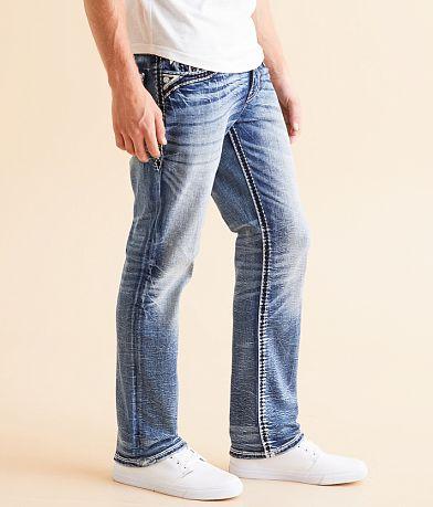 Men's Classic Rock Revival Straight Leg Jeans, High Waisted Blue Jeans with Unique Embroidery, Y2K Straight Leg Jeans, Street Style Jeans