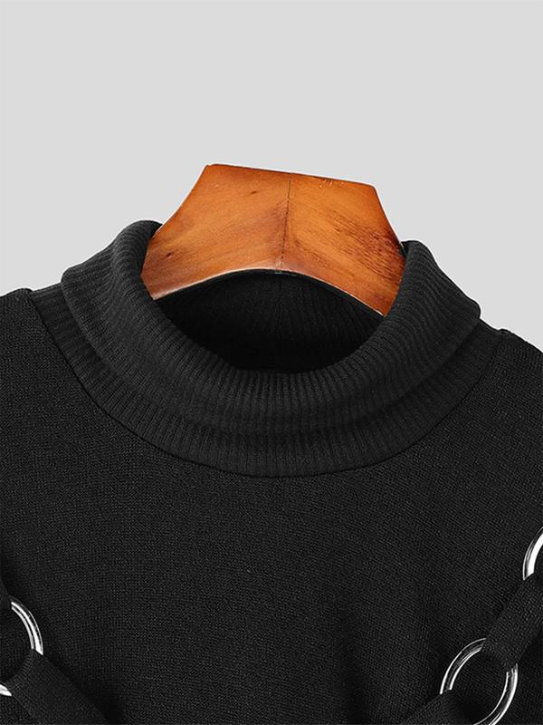 Men's Solid Color Asymmetrical Hem High Neck Pullover, Casual Long Sleeve Button Decor Jumper for Fall & Winter, Fashion Men's Knitwear for Daily Wear