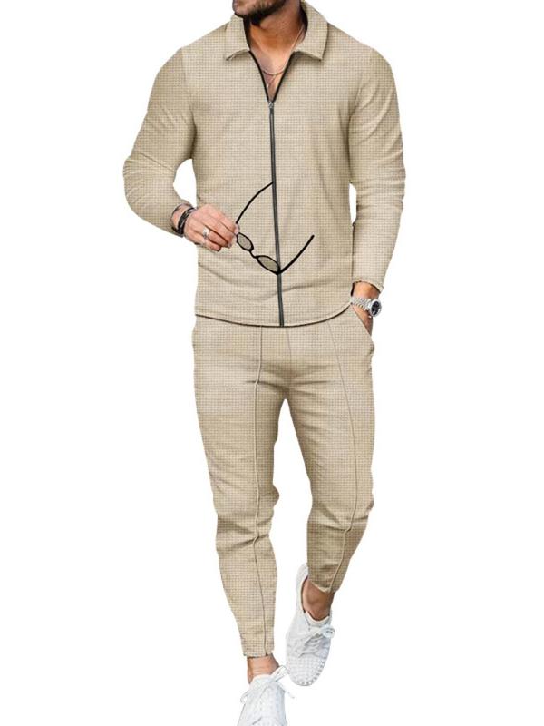 Men's Solid Zip Up Jacket & Pocket Pants Two-piece Set, Airport Outfits 2024, Regular Fit Casual Long Sleeve Collared Outerwear & Trousers for Spring & Fall, Men's Two-piece Outfits for Daily Wear, Fall Outfits, Fallfreshness, Fall Clothes 2024