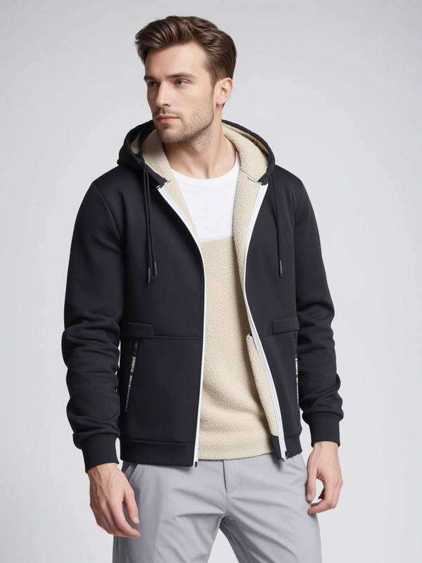 Men's Regular Fit Solid Pocket Drawstring Zipper Hooded Fleece Jacket, Casual Long Sleeve Thermal Lined Outerwear for Winter, Men's Clothes for Daily Wear, Winter Clothing Men