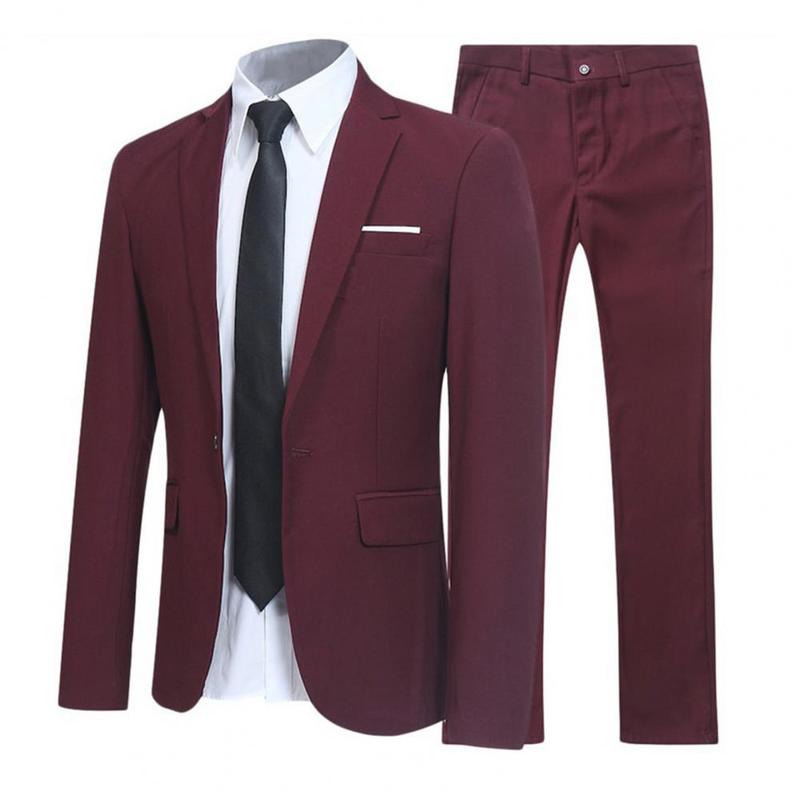 Men Suit Set Turndown Collar Lapel Pockets Buttons Groom Suit Set Solid Color Blazer Suit Pants Two Pieces Set Stylish Men Sets