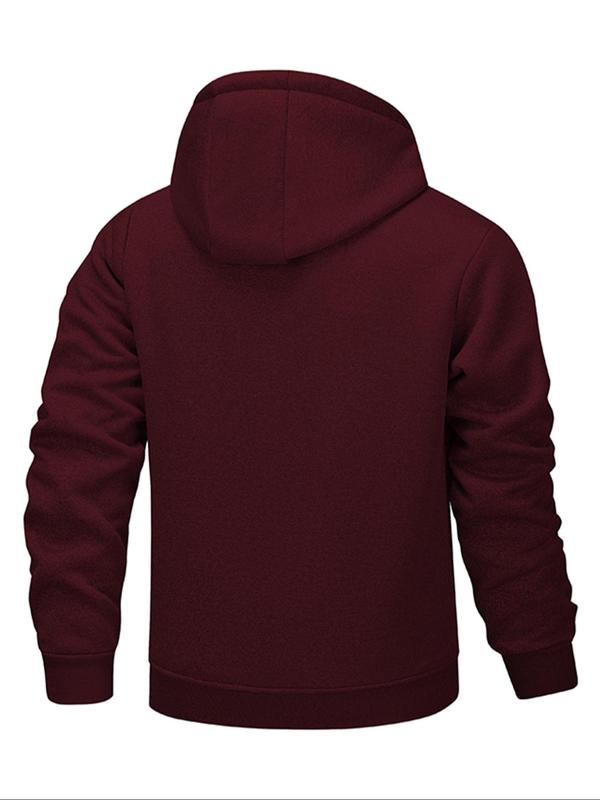 Men's Regular Fit Solid Pocket Drawstring Zipper Hooded Fleece Jacket, Casual Long Sleeve Thermal Lined Outerwear for Winter, Men's Clothes for Daily Wear, Winter Clothing Men