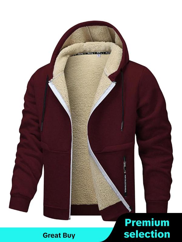 Men's Regular Fit Solid Pocket Drawstring Zipper Hooded Fleece Jacket, Casual Long Sleeve Thermal Lined Outerwear for Winter, Men's Clothes for Daily Wear, Winter Clothing Men