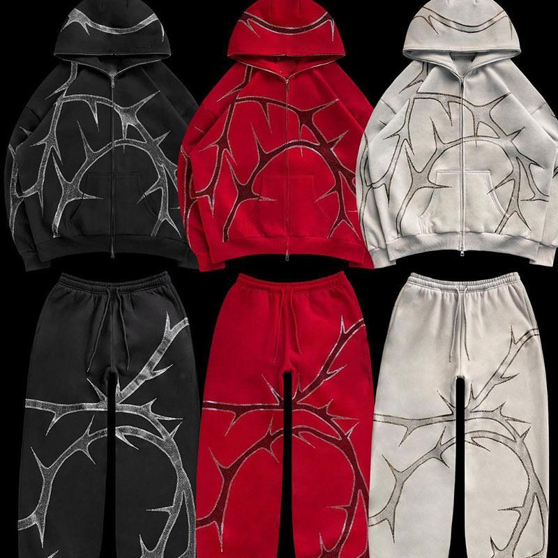 American New Men Women Street Hoodie Hot Drilling Fleece Long-Sleeve Zipper Hoodie Long Pants Sweatshirt Suit Leisure Sports 2 Piece Set