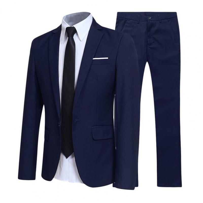 Men Suit Set Turndown Collar Lapel Pockets Buttons Groom Suit Set Solid Color Blazer Suit Pants Two Pieces Set Stylish Men Sets