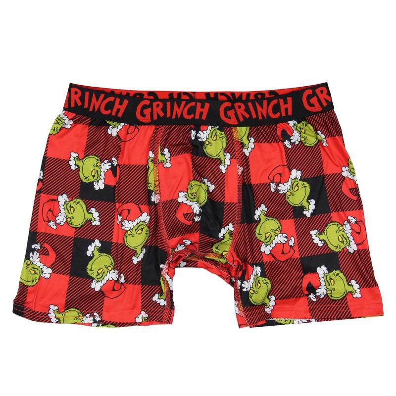 The Grinch Men's Grinch Santa AOP Buffalo Plaid Christmas Holiday Boxer Briefs Underwear