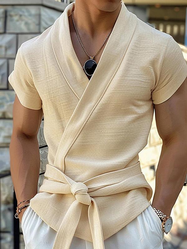 Men's Solid Belted Wrap V Neck Tee, Loose Casual Short Sleeve T-shirt for Summer, Fashion Streetwear Men's Top for Daily Wear