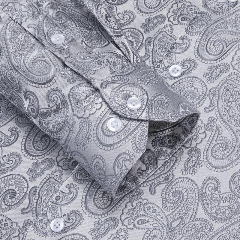 Mens Long Sleeve Grey Silver Shirts Jacquard Paisley Top Collar Casual Classic Menswear Elastic Polyester