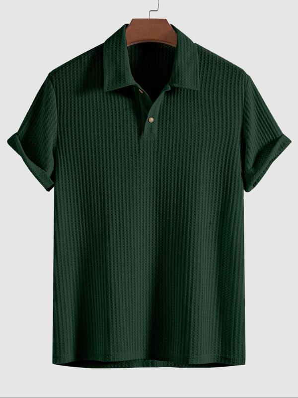 Men's Plain Textured Polo Shirt, Casual Short Sleeve Button Front Top for Summer, Fashion Men's Clothes for Daily Wear