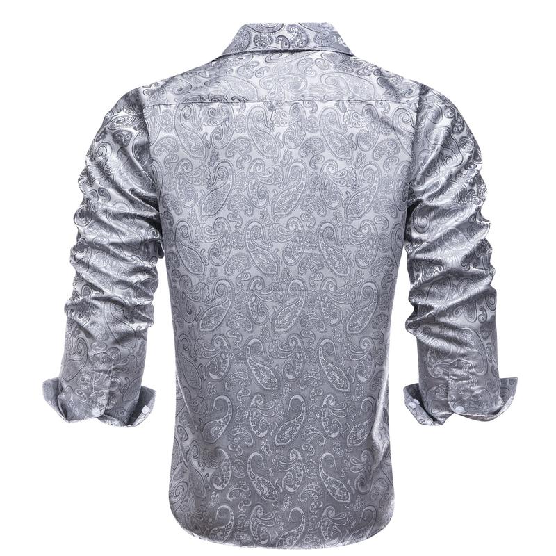 Mens Long Sleeve Grey Silver Shirts Jacquard Paisley Top Collar Casual Classic Menswear Elastic Polyester