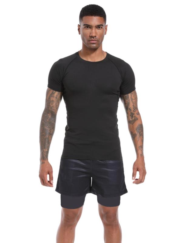 Two Pieces Men's Solid Round Neck Tee & 2 in 1 Drawstring Shorts Set, Raglan Sleeve Crew Neck Short Sleeve T-shirt & Track Shorts, Casual Sporty Clothes Set for Gym Workout Running, Jogging Suit Set