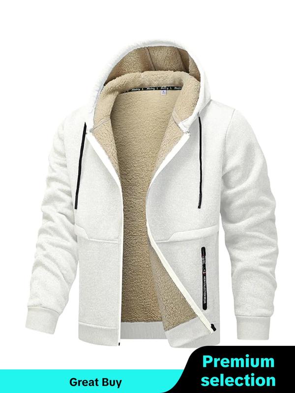 Men's Regular Fit Solid Pocket Drawstring Zipper Hooded Fleece Jacket, Casual Long Sleeve Thermal Lined Outerwear for Winter, Men's Clothes for Daily Wear, Winter Clothing Men