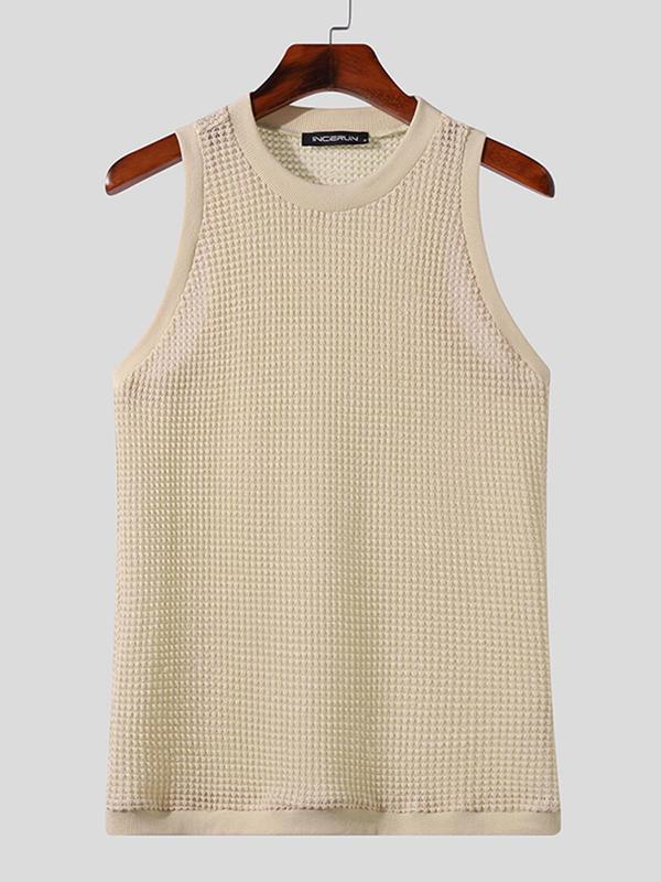 Men's Plain Regular Fit Textured Round Neck Tank Top, Casual Sleeveless Top for Daily Wear, Streetwear Menswear for All Seasons