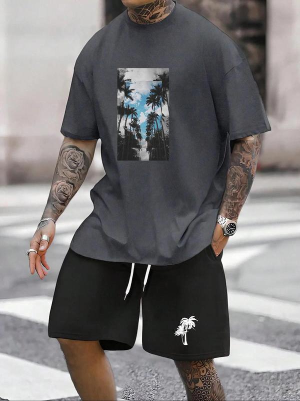 Men's Floral Print Drawstring Waist Shorts Set, Casual Short Sleeve T-shirt & Pocket Track Shorts for Summer, Fashion Cozy  Men  Outfits for Daily Wear