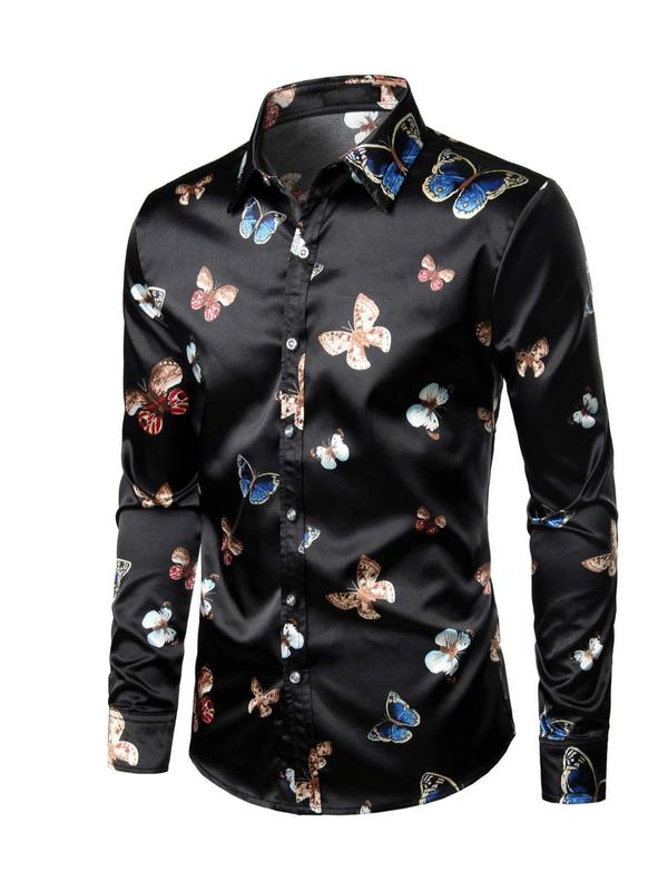 Men's Regular Fit Butterfly Print Button Front Shirt, Casual Long Sleeve Collar Top for Fall & Winter, Men's Clothes for Daily Formal Wear, Menswear, Shirts for Men