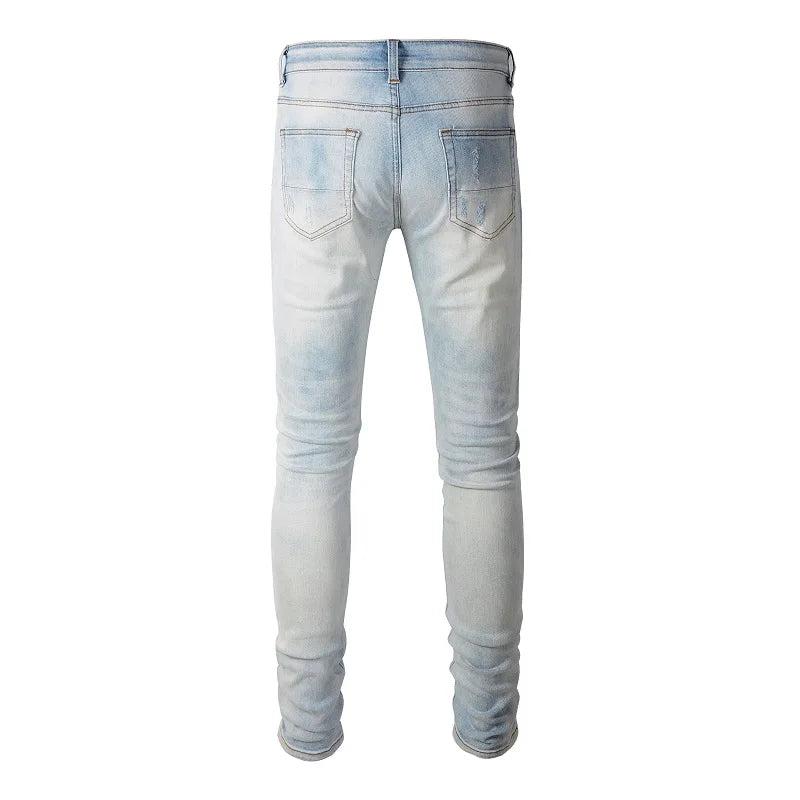 Men Cracked Pleated Patch Biker Jeans Streetwear Skinny Tapered Stretch Denim Pants Light Blue Ripped Trousers