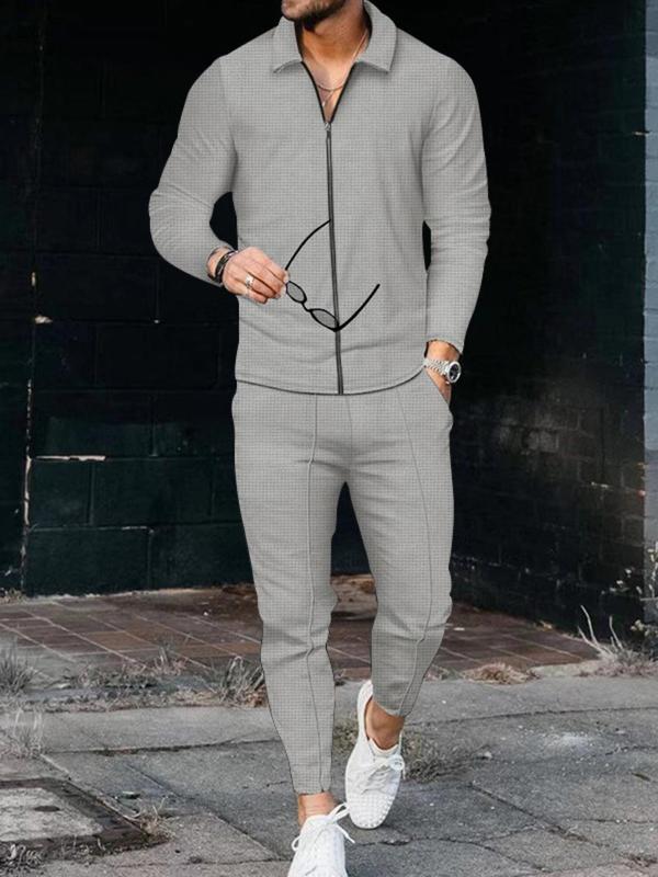 Men's Solid Zip Up Jacket & Pocket Pants Two-piece Set, Airport Outfits 2024, Regular Fit Casual Long Sleeve Collared Outerwear & Trousers for Spring & Fall, Men's Two-piece Outfits for Daily Wear, Fall Outfits, Fallfreshness, Fall Clothes 2024