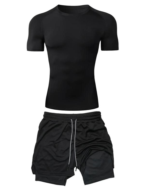 Two Pieces Men's Solid Round Neck Tee & 2 in 1 Drawstring Shorts Set, Raglan Sleeve Crew Neck Short Sleeve T-shirt & Track Shorts, Casual Sporty Clothes Set for Gym Workout Running, Jogging Suit Set