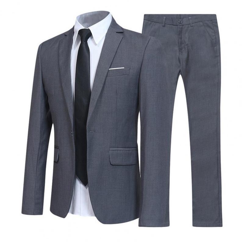 Men Suit Set Turndown Collar Lapel Pockets Buttons Groom Suit Set Solid Color Blazer Suit Pants Two Pieces Set Stylish Men Sets