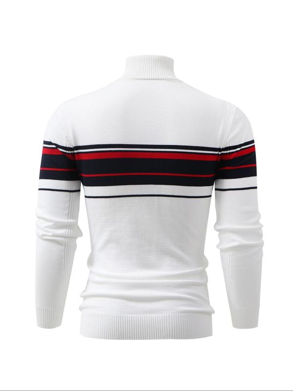 Men's Striped Print High Neck Sweater Pullover, Slim Casual Long Sleeve Jumper for Fall & Winter, Fashion Men's Knitwear for Daily Wear