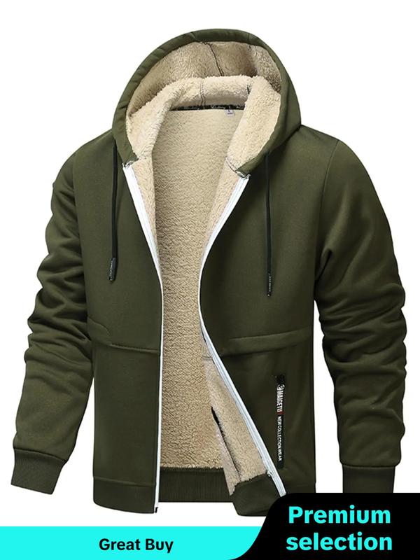 Men's Regular Fit Solid Pocket Drawstring Zipper Hooded Fleece Jacket, Casual Long Sleeve Thermal Lined Outerwear for Winter, Men's Clothes for Daily Wear, Winter Clothing Men